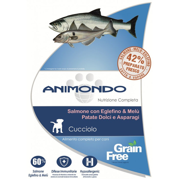 Crocchette cane cucciolo Grain Free - Salmone con Eglefino e Melù, Patate dolci e Asparagi 2/ 6 kg - Animondo