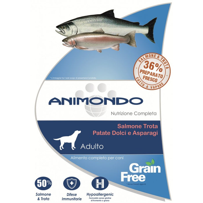 Crocchette cane adulto Grain Free - Salmone, Trota, Patate dolci e Asparagi 2/6 kg - Animondo